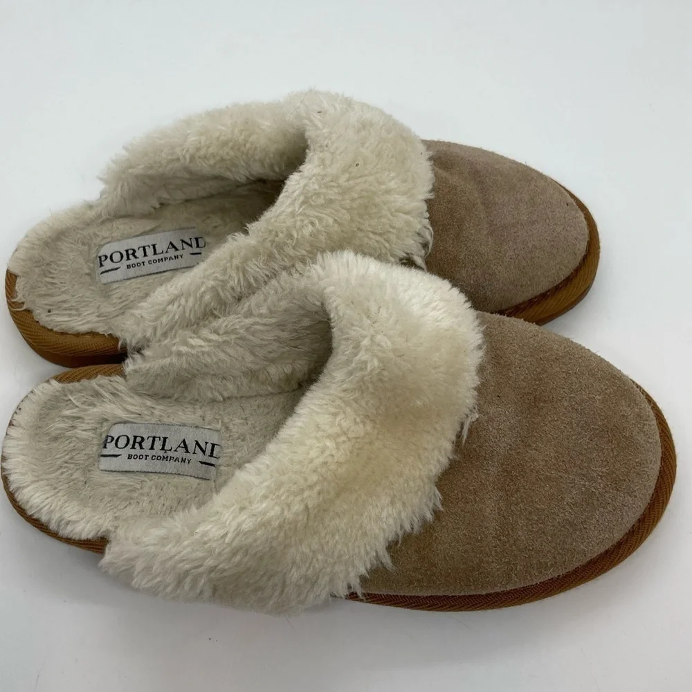 Portland Boot Company Fur Lining Brown Leather Slip On Slippers Size 6 - Picture 3 of 8